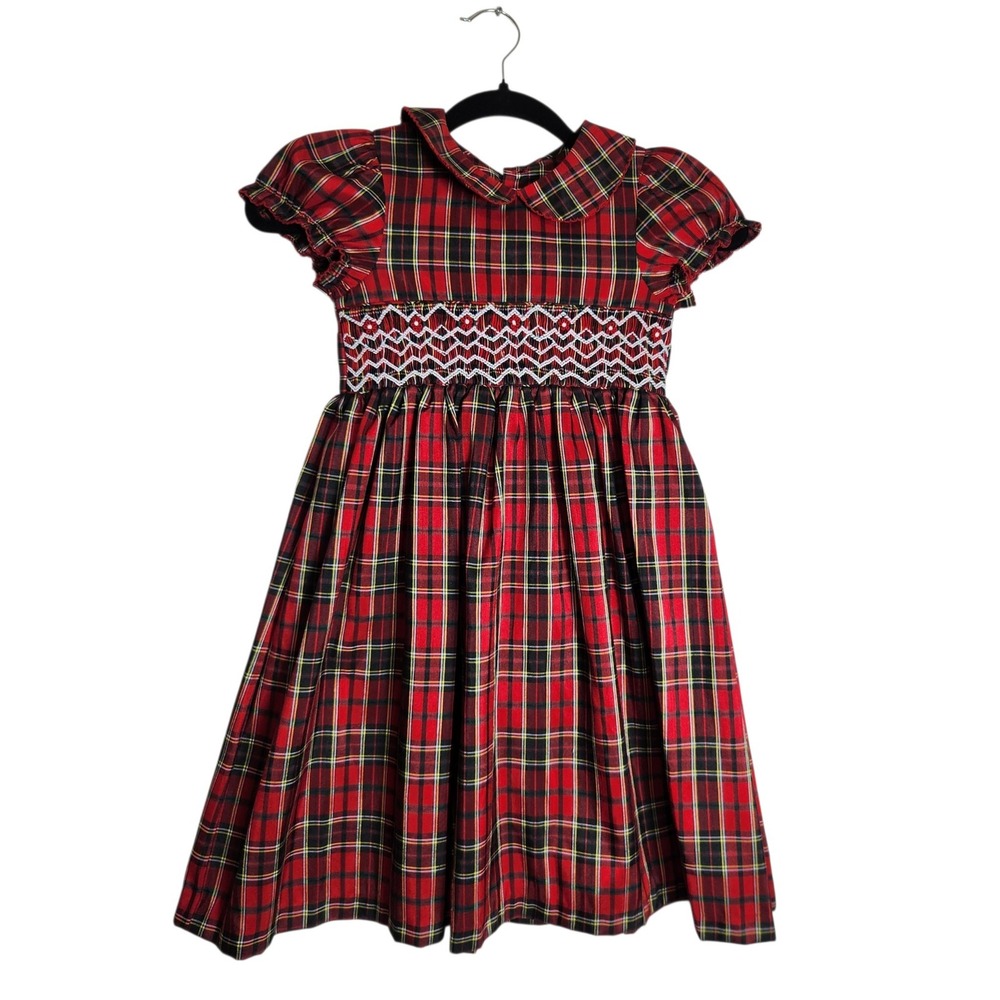 Laura Ashley Girls Red Plaid Smocked Christmas Dress Peter Pan Collar Size 6